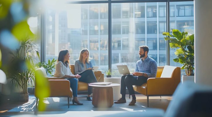 Three colleagues sit in a modern office lounge with laptops and tablets, engaged in a relaxed, collaborative discussion.